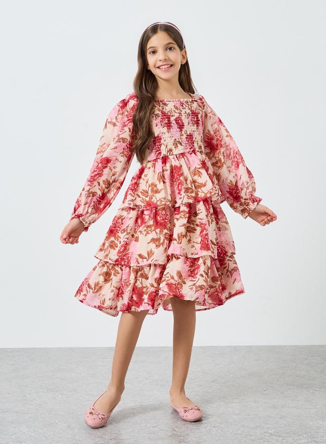 Styli Girls Pink Floral Print Smocked Tiered Dress - Image 1